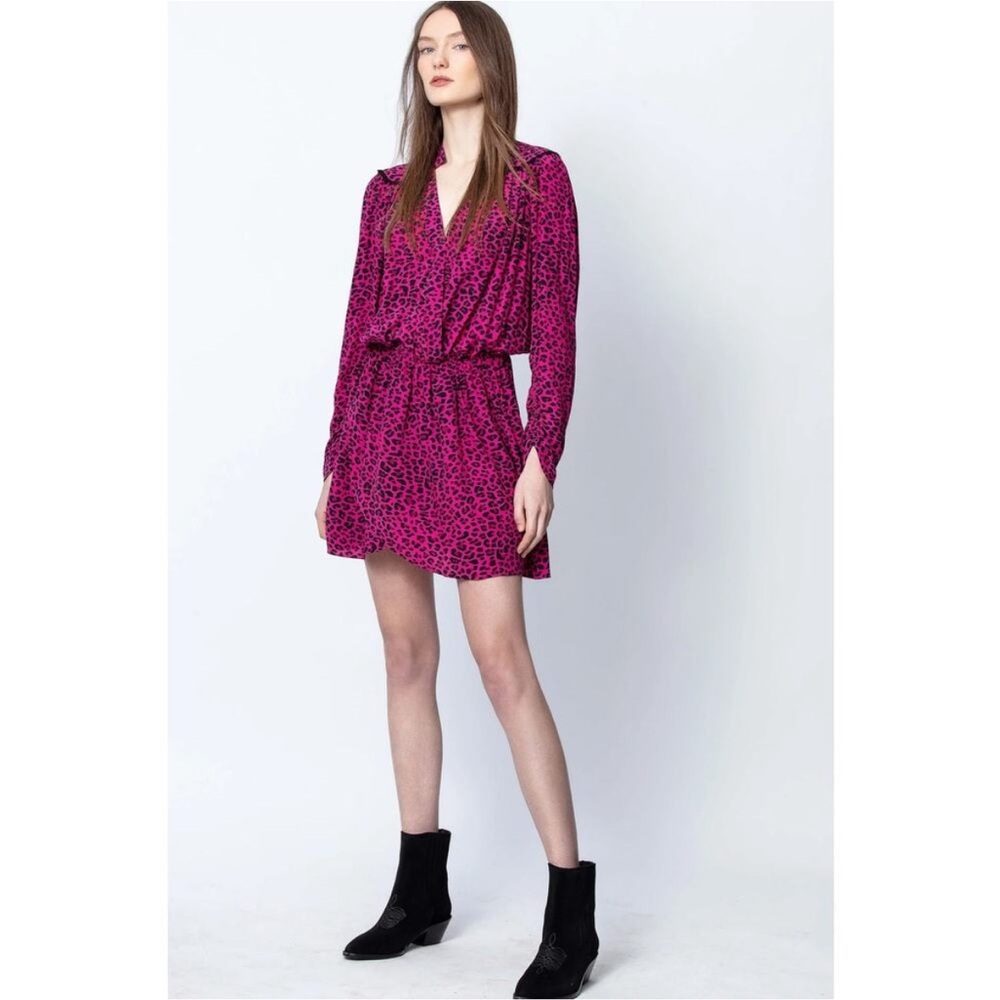 Zadig & Voltaire Bright Fuchsia Leopard-Print Long Sleeve Mini Dress